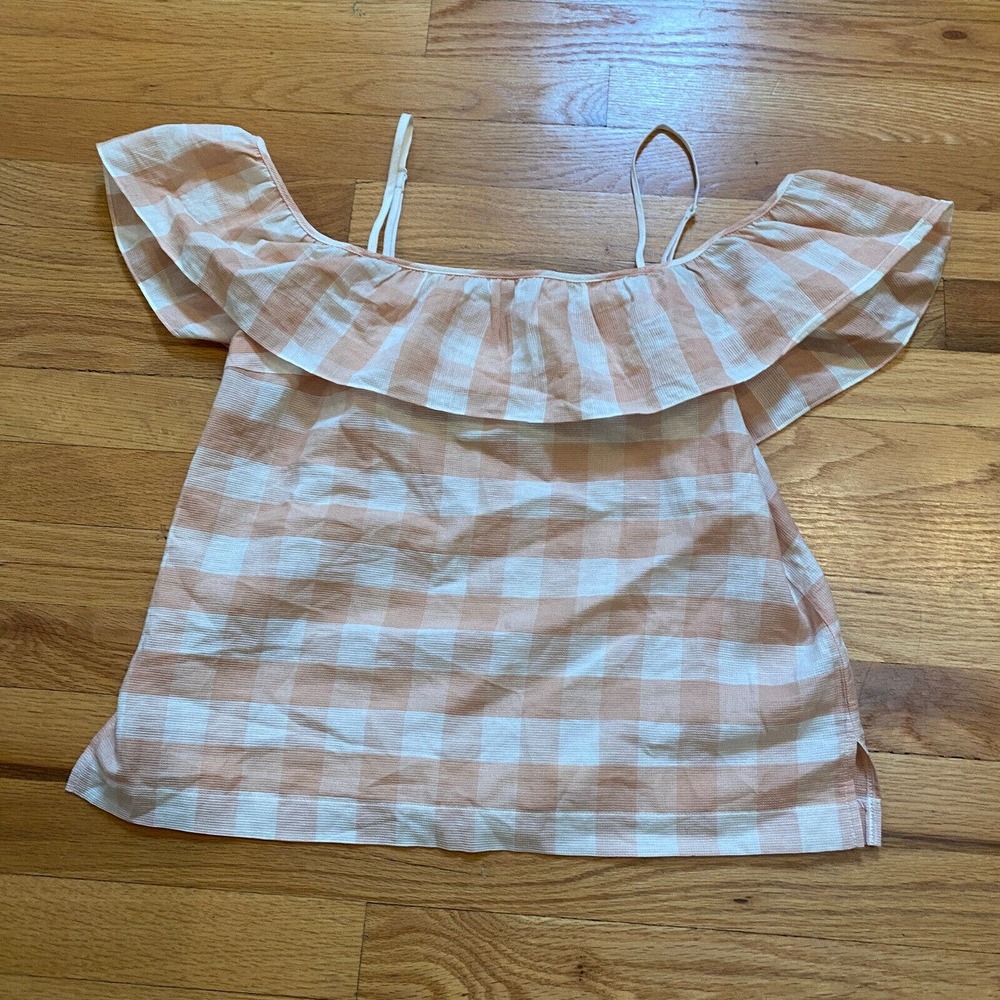 Club Monaco Cropped Ruffle Top Sz Small Off-Shoulder Peach Check Textured Summer